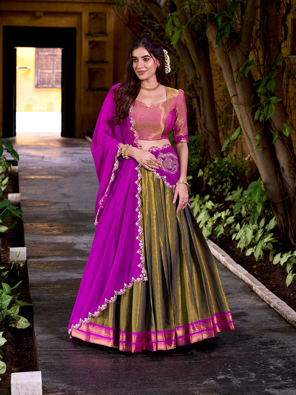 Pink color sequince and thread embroidery work kanchipuram lehenga choli