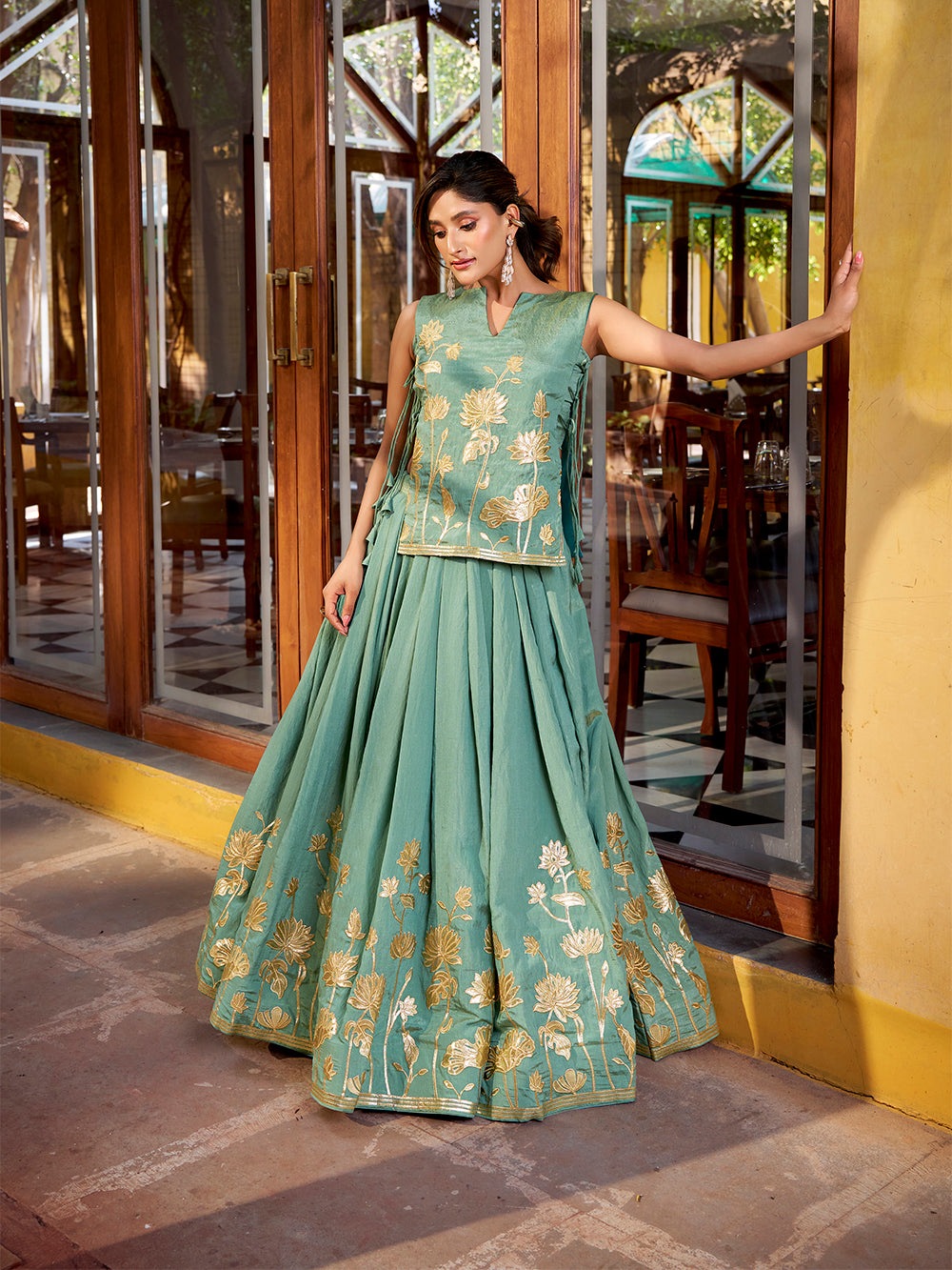 Sky blue shimmer lehenga choli with thread embroidery foil work