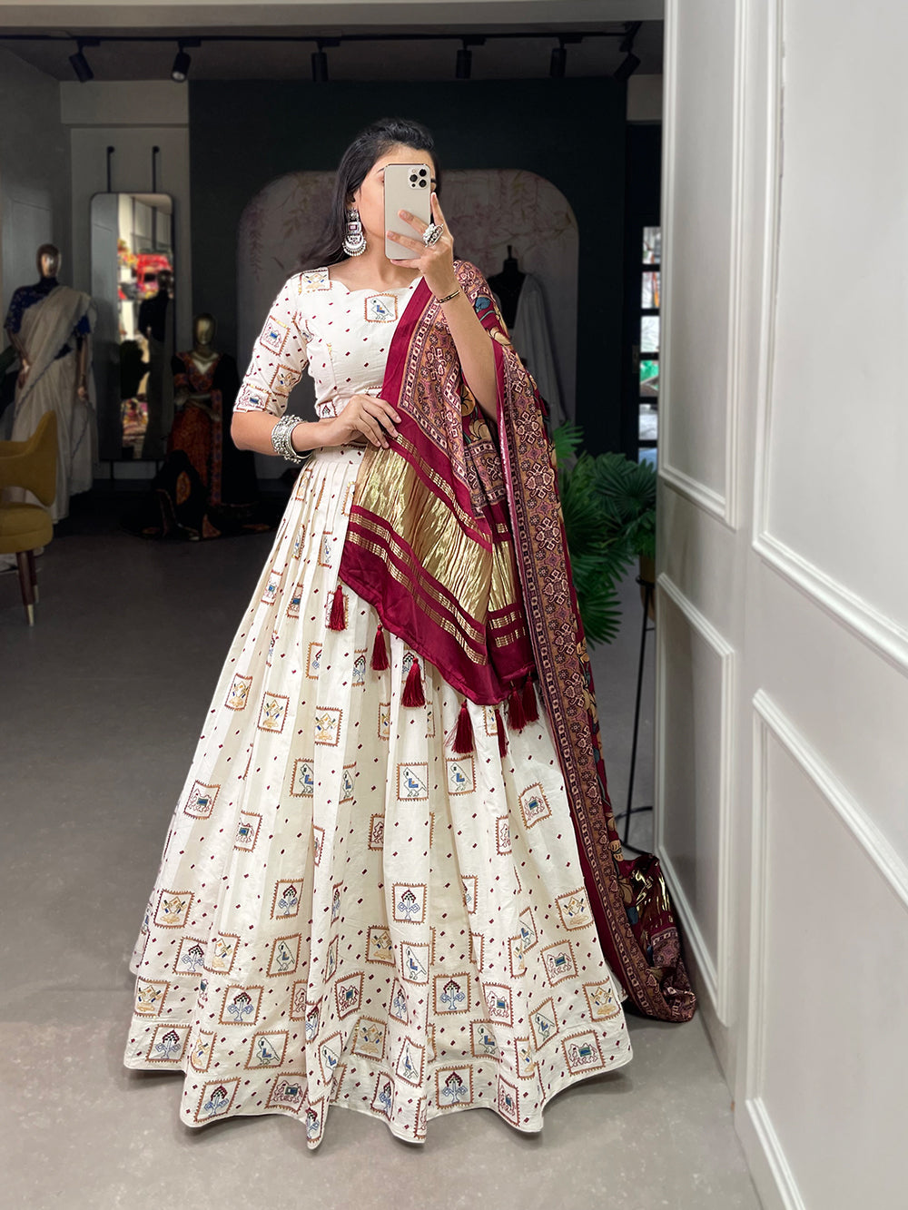 Square Design Sequins And Thread Embroidery Work Khadi Cotton Traditional lehenga Choli