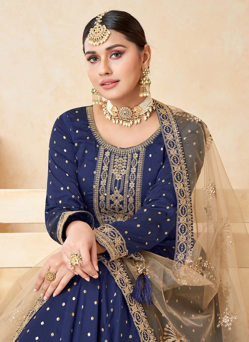 Wedding wear taffeta silk anarkali gown in blue