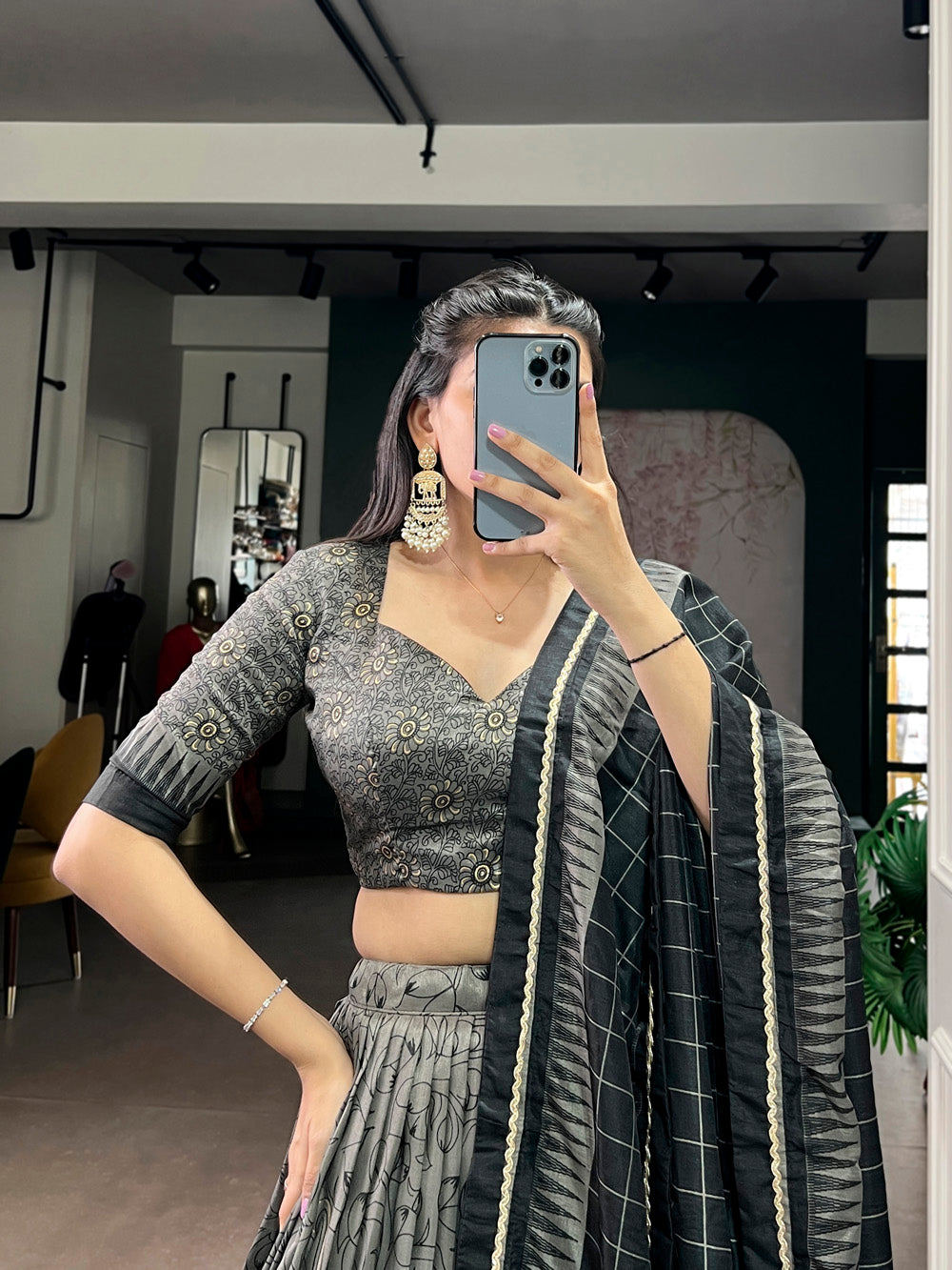Gray tasar silk kalamkari print lehenga choli with lace border tassel dupatta