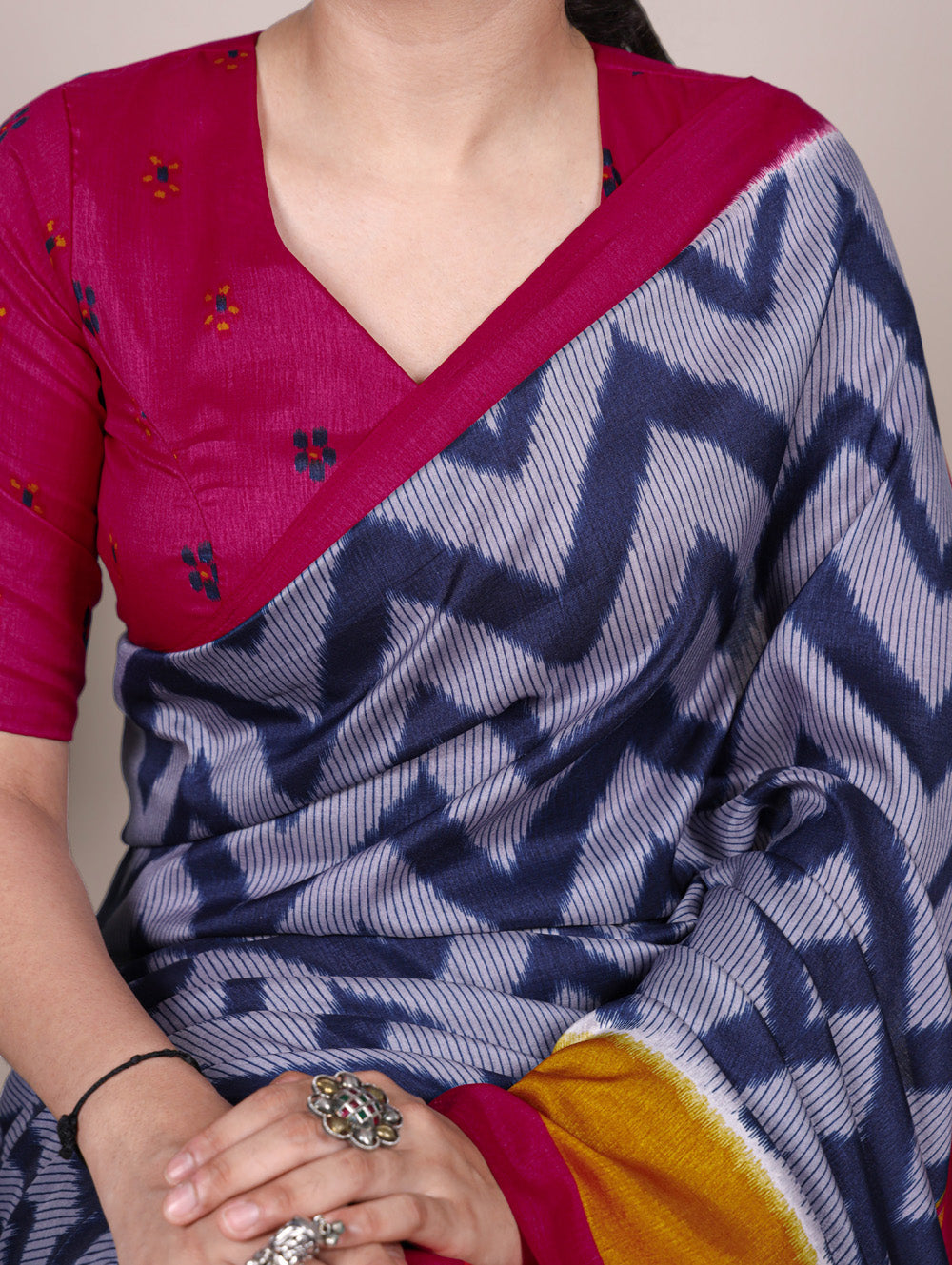 Blue printed tasar silk saree with matching blouse