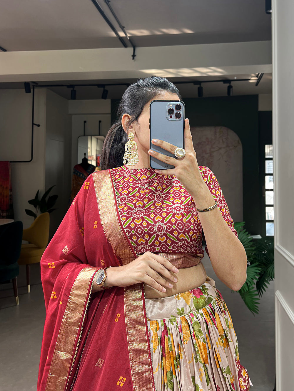 Red Color Floral And Patola Printed With Foil Work Tussar Silk Indian Lehenga Choli