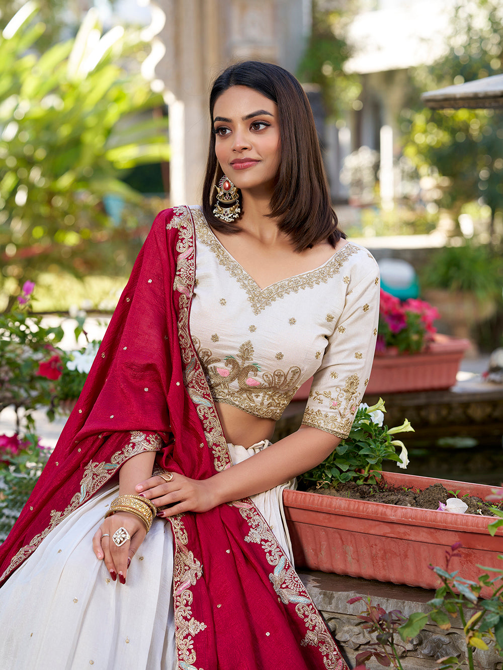 Off white vichitra silk lehenga choli with sequins thread embroidery