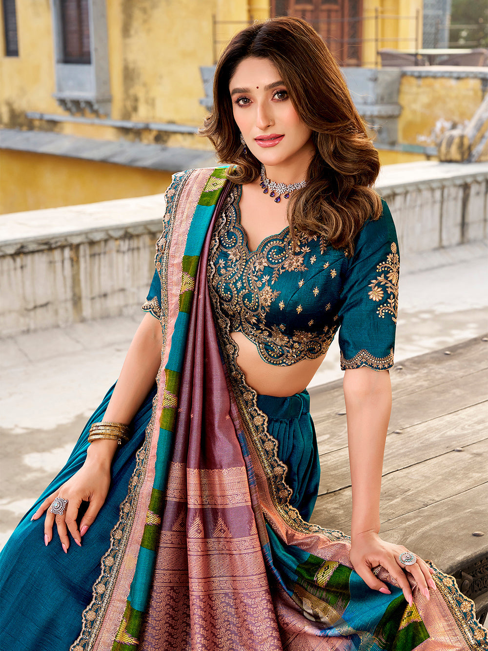Firozi wedding wear vichitra silk lehenga choli with sequins thread embroidery