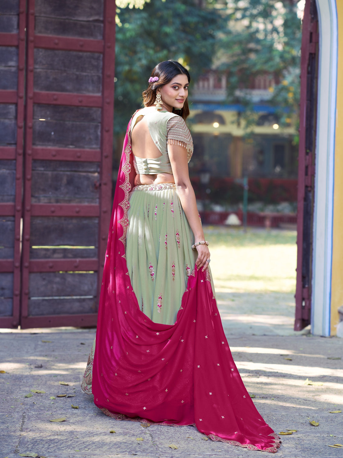Pista color embroidery work chaniya choli