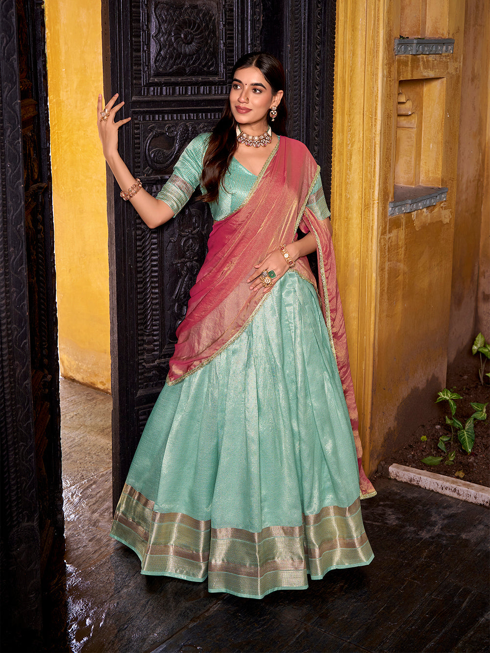 Sky blue dupion silk lehenga choli with zari weaving border shimmer lace dupatta