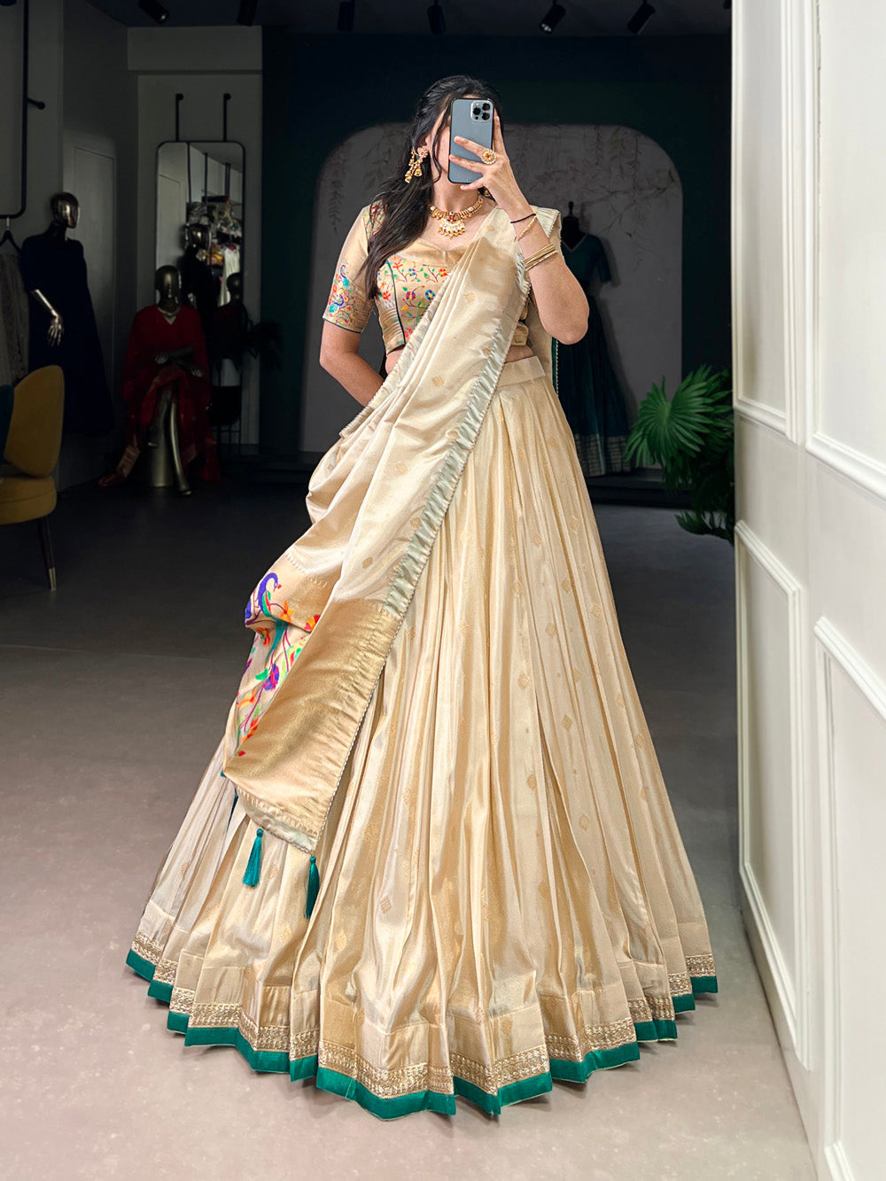 Bottle green shimmer lehenga choli with zari weaving paithani tassel dupatta
