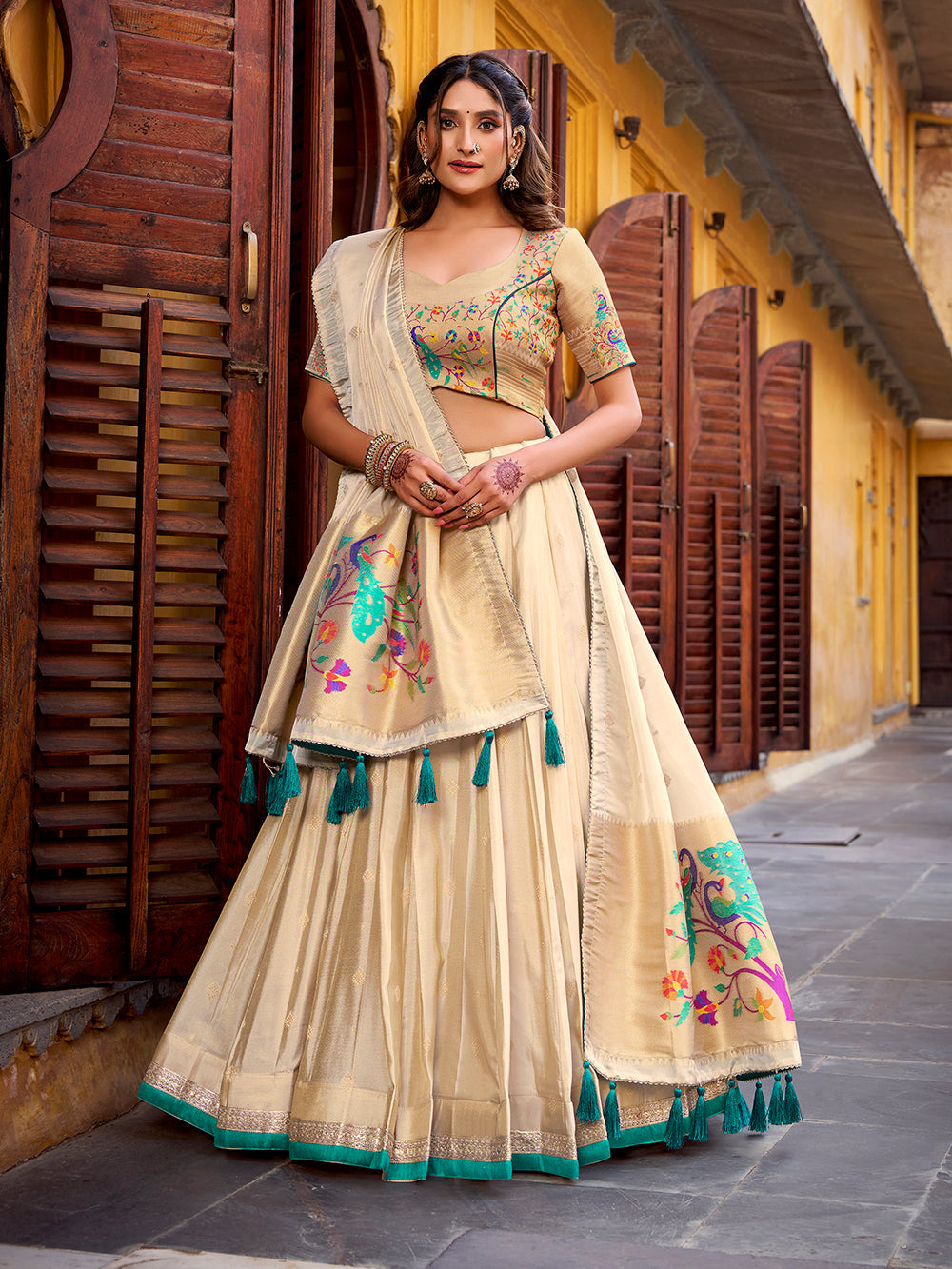 Bottle green color zari weaving work shimmer lehenga choli
