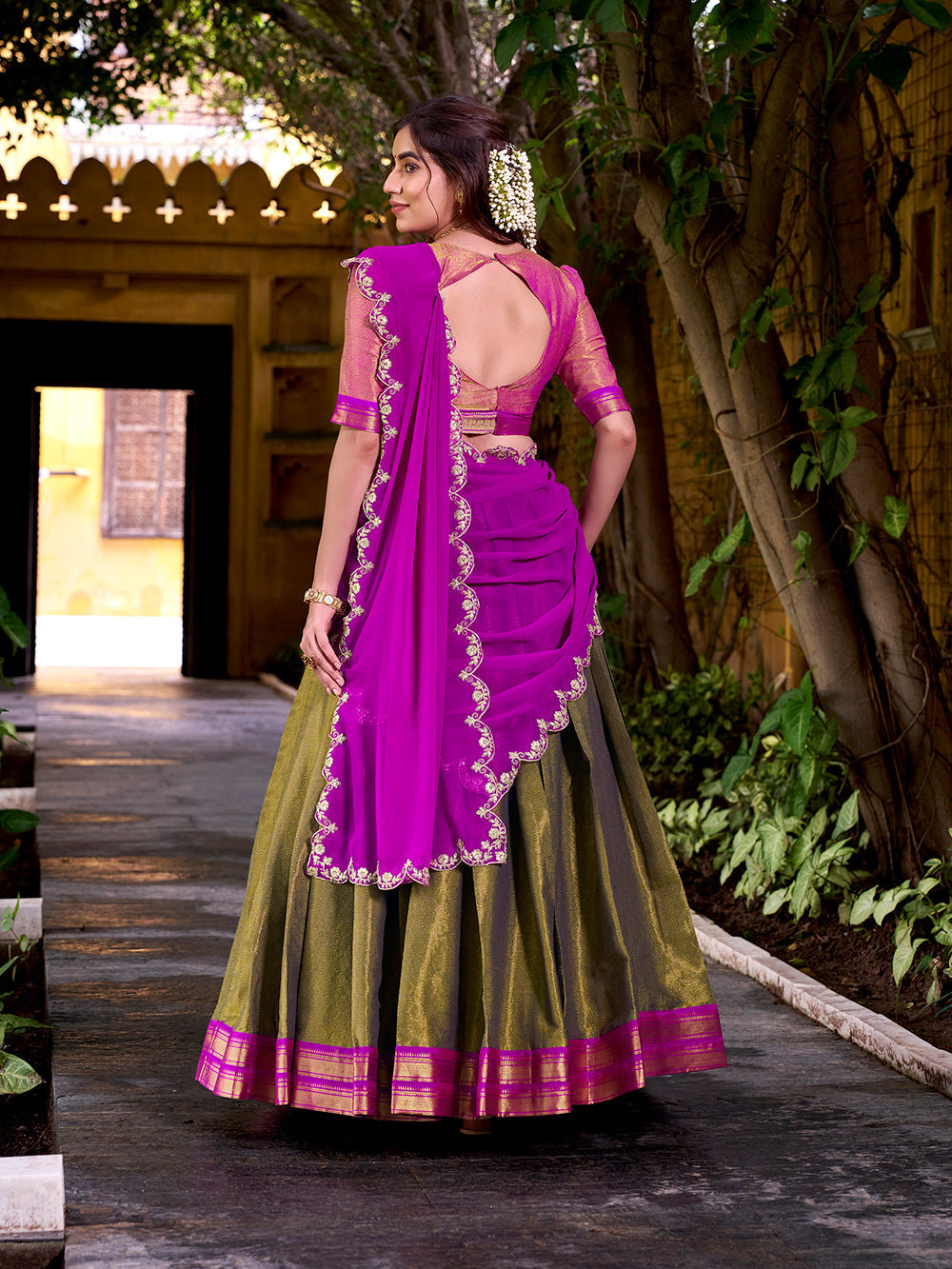 Pink color sequince and thread embroidery work kanchipuram lehenga choli