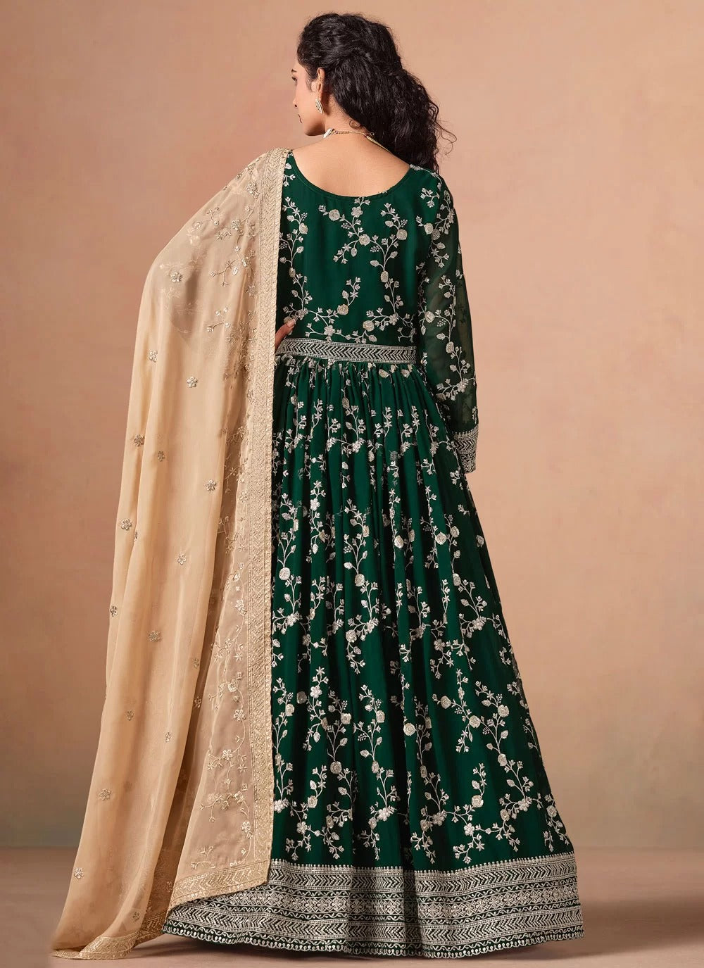 Elegant green faux georgette anarkali suit with organza dupatta