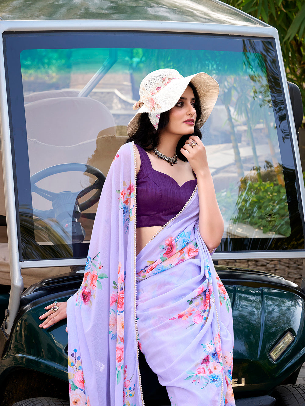 Lavender floral printed weightless marbal saree with pearl lace border