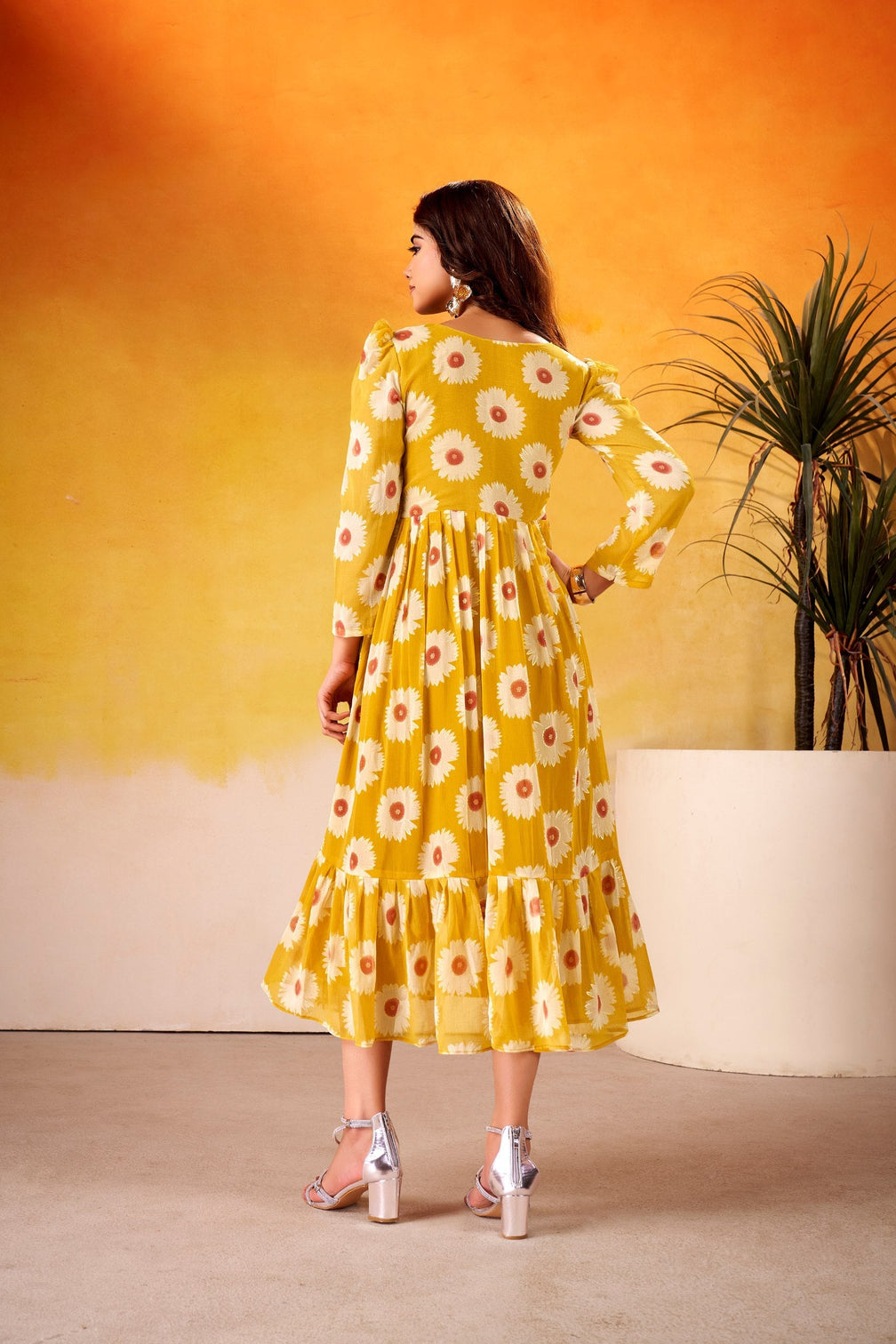 Weightless Marble Floral Print Frock with Foil Work – Fully Stitched