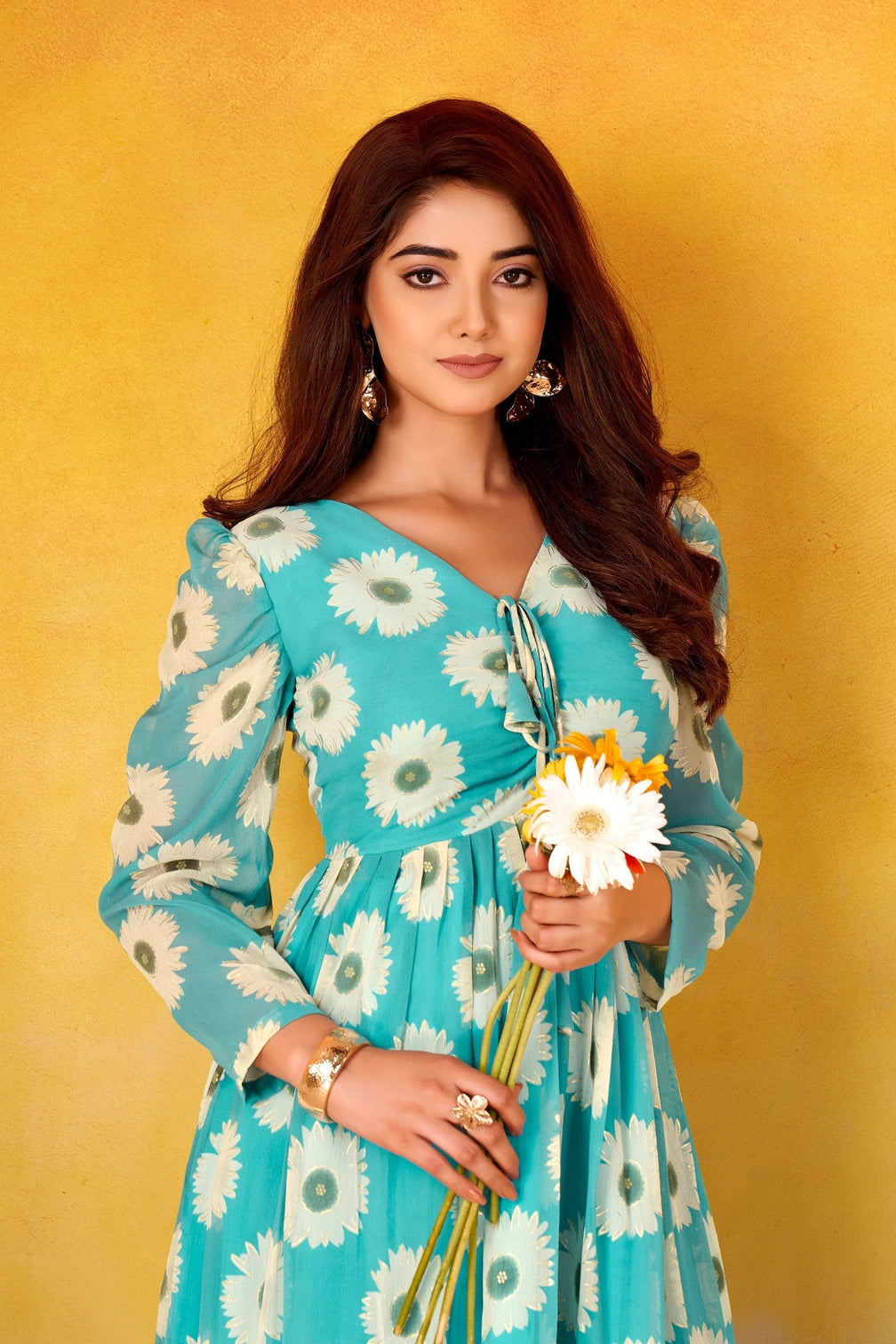 Weightless Marble Floral Print Frock with Foil Work – Fully Stitched