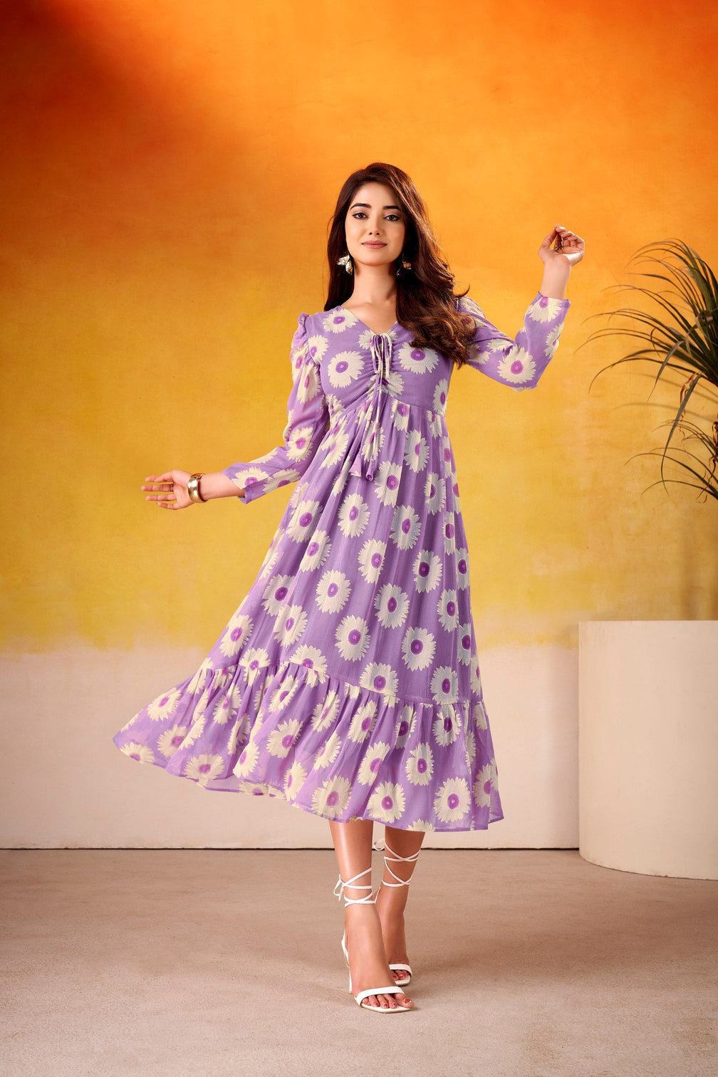 Weightless Marble Floral Print Frock with Foil Work – Fully Stitched