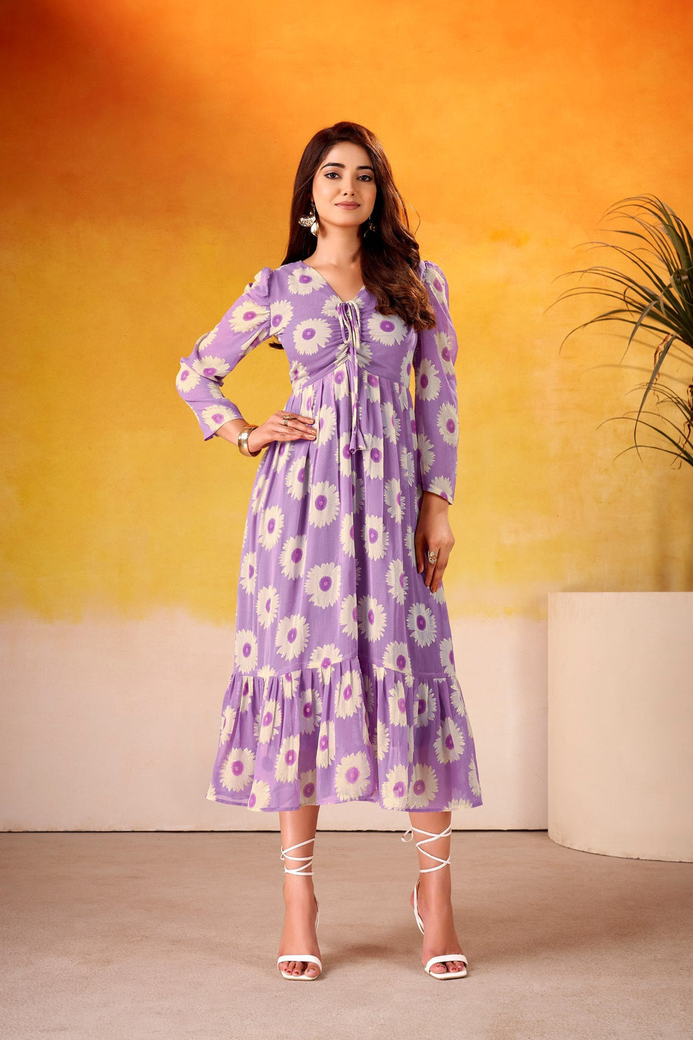 Weightless Marble Floral Print Frock with Foil Work – Fully Stitched