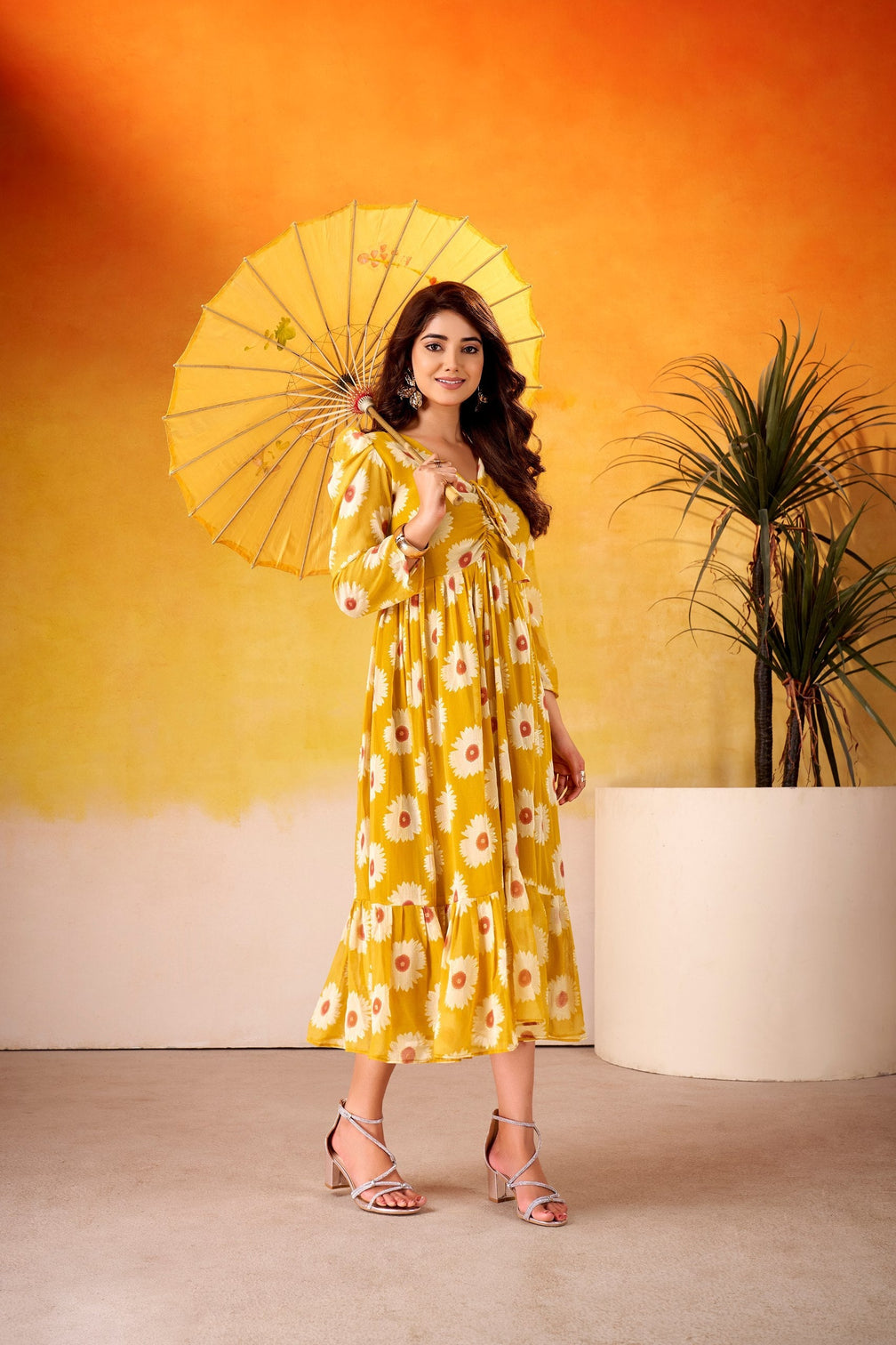Weightless Marble Floral Print Frock with Foil Work – Fully Stitched