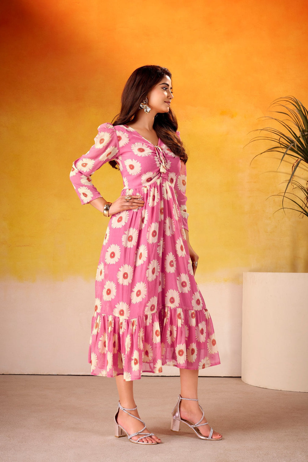 Weightless Marble Floral Print Frock with Foil Work – Fully Stitched
