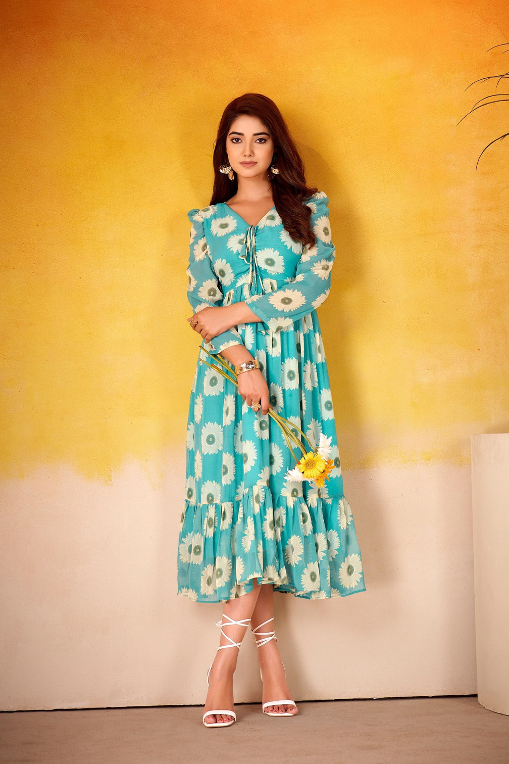 Weightless Marble Floral Print Frock with Foil Work – Fully Stitched