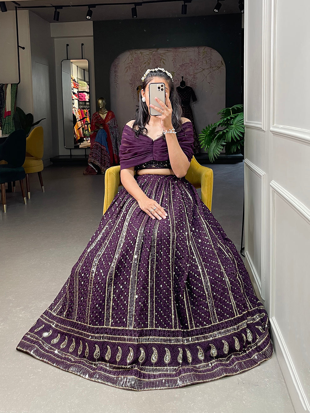 Wine Color Sequins and Embroidery Thread Work Georgette Co-Ord Set Lehenga Choli