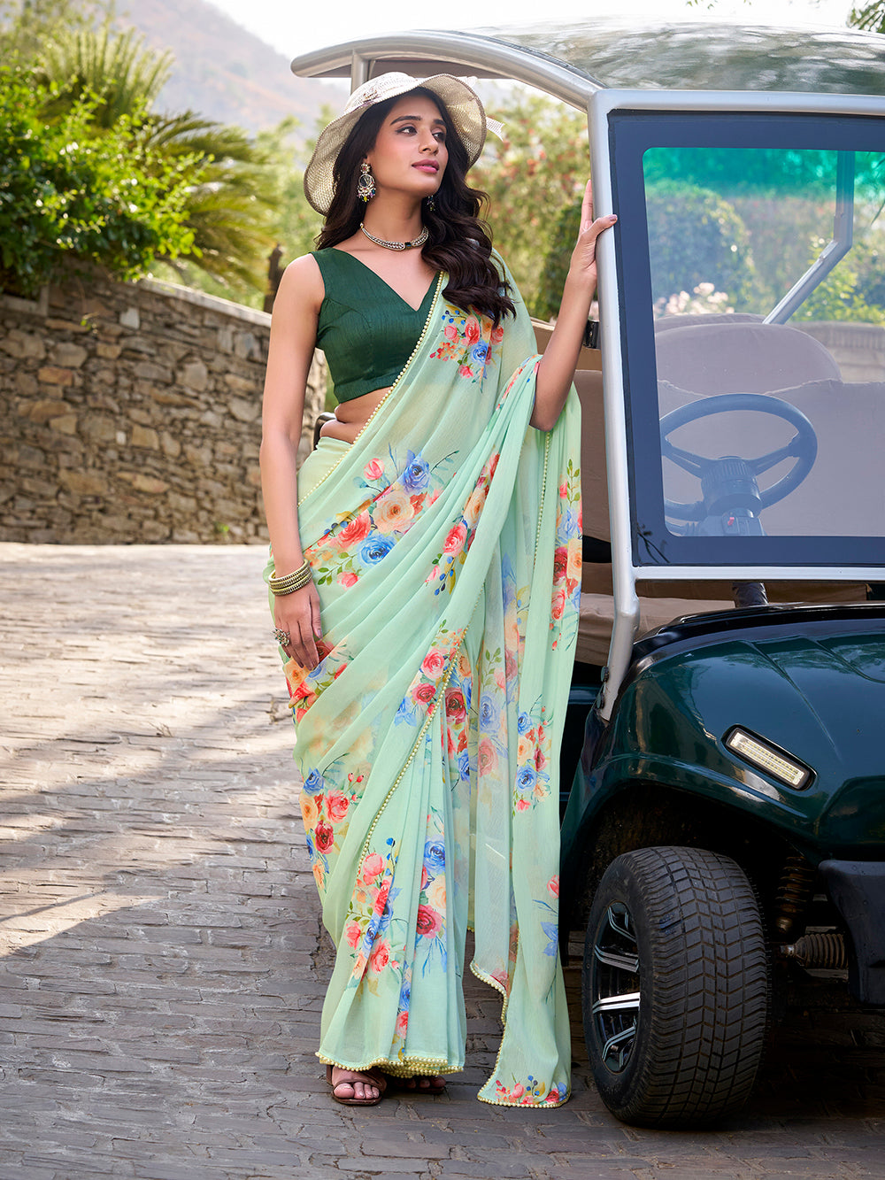 Pista floral printed weightless marbal saree with pearl lace border
