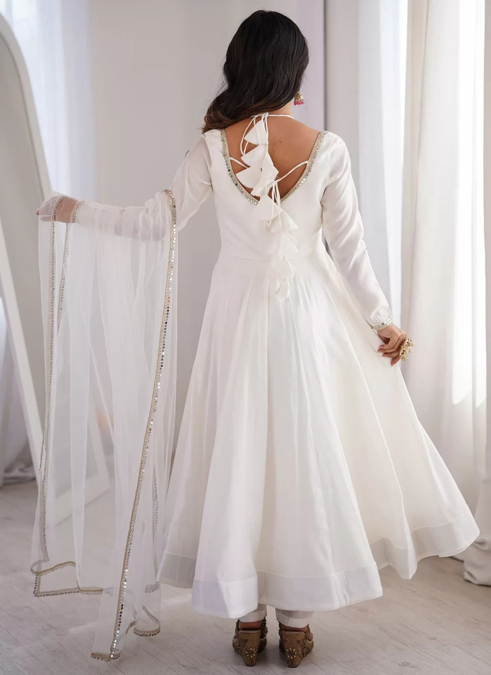 Luxury white roman silk chanderi anarkali suit with net dupatta pants