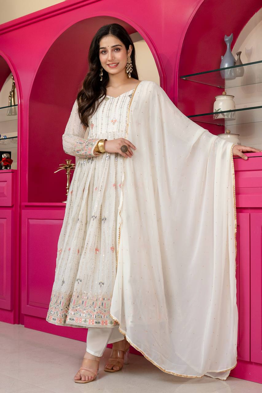 White Anarkali Suit – Heavy Zari & Sequins Work