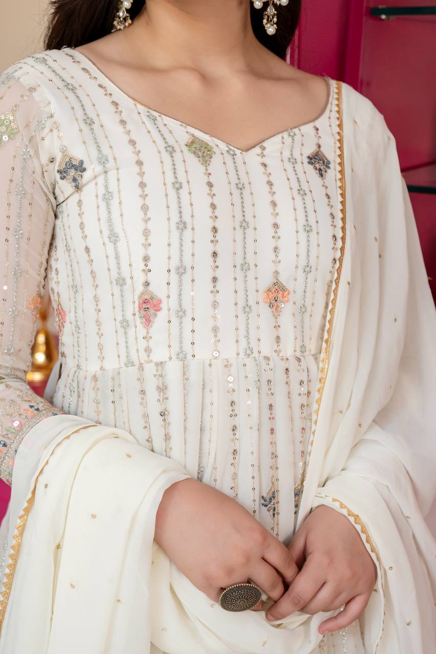 White Anarkali Suit – Heavy Zari & Sequins Work
