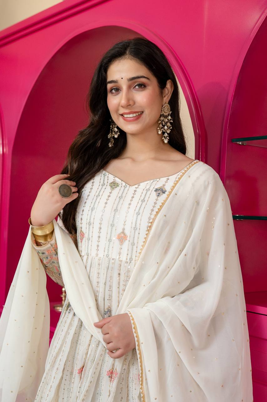 White Anarkali Suit – Heavy Zari & Sequins Work
