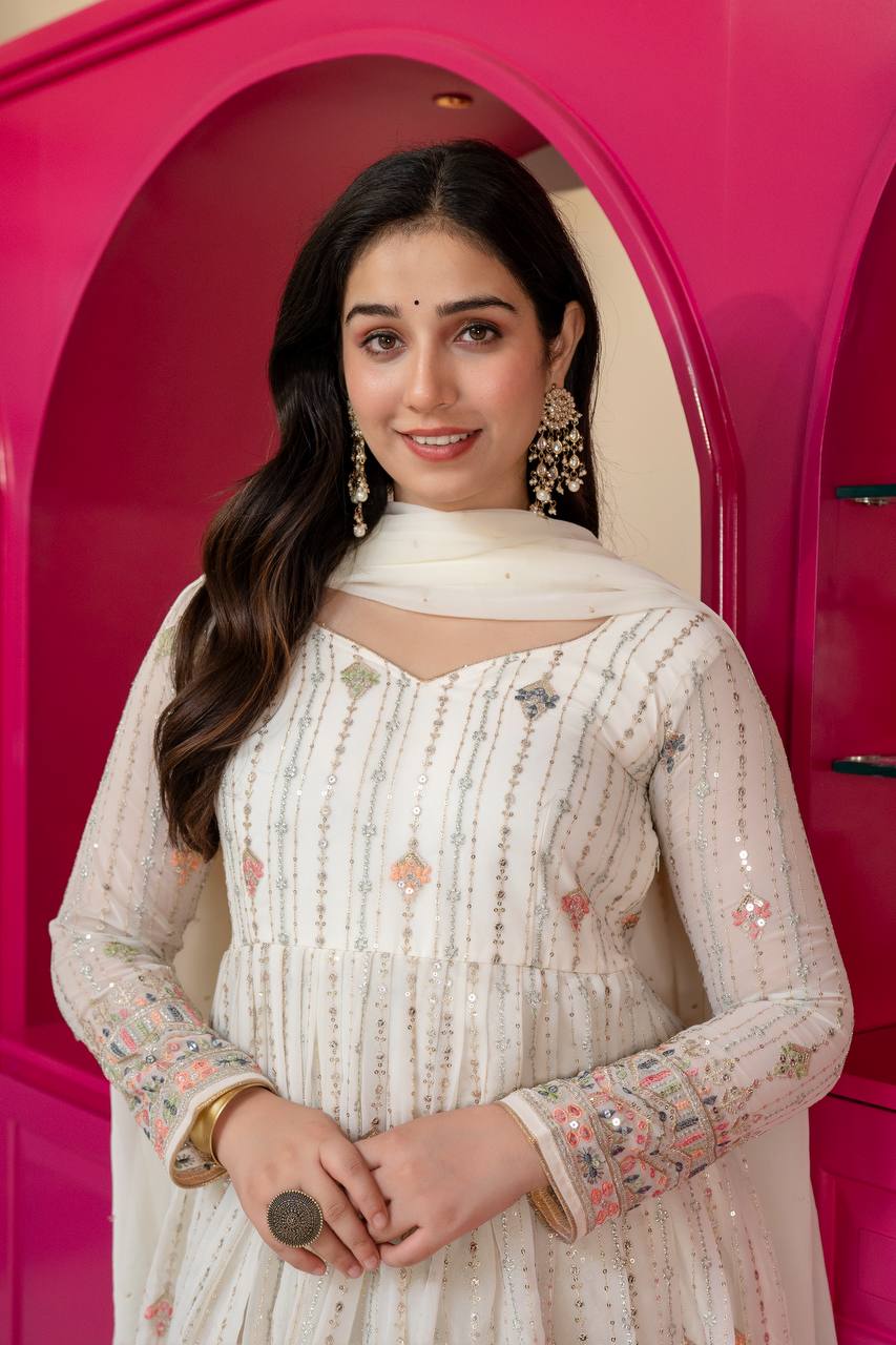 White Anarkali Suit – Heavy Zari & Sequins Work
