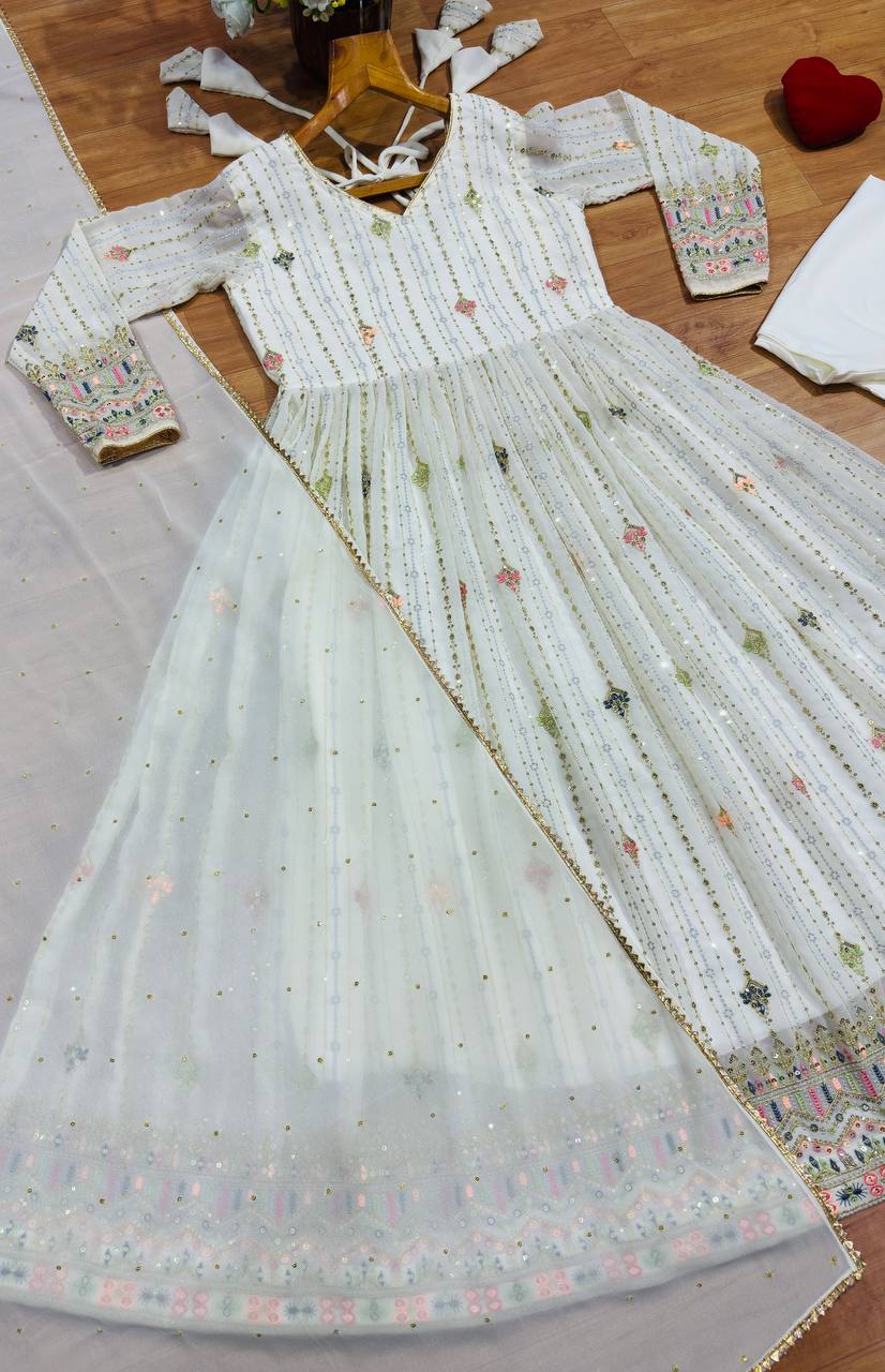White Anarkali Suit – Heavy Zari & Sequins Work