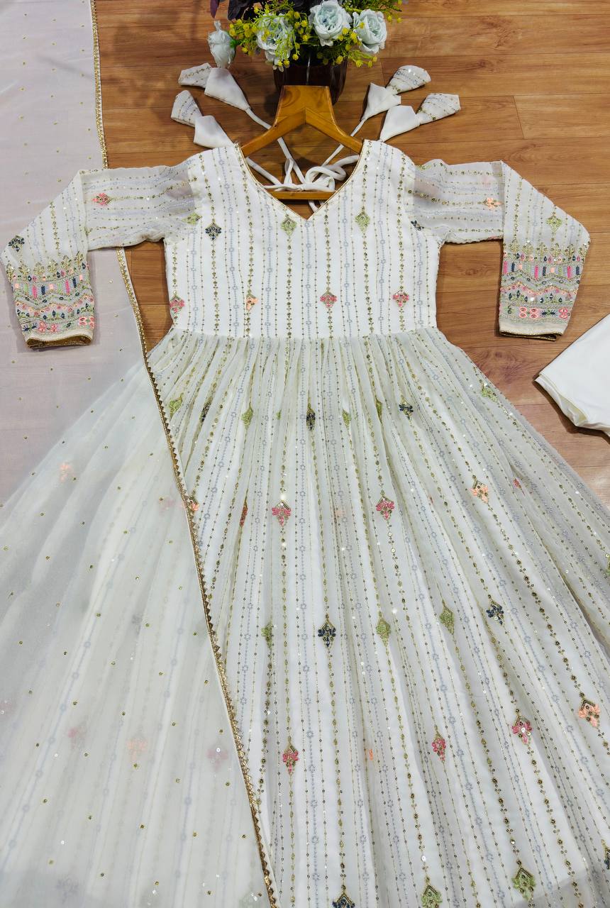 White Anarkali Suit – Heavy Zari & Sequins Work