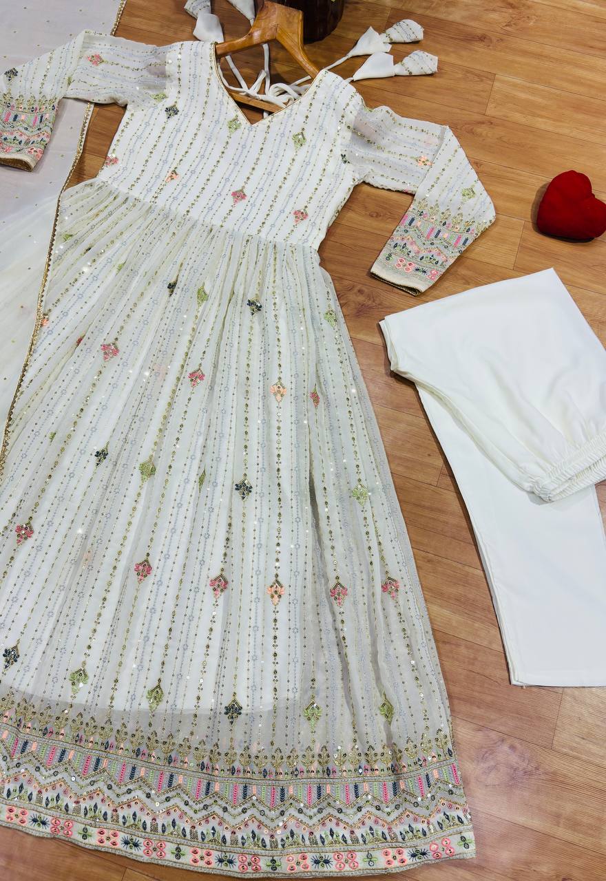 White Anarkali Suit – Heavy Zari & Sequins Work