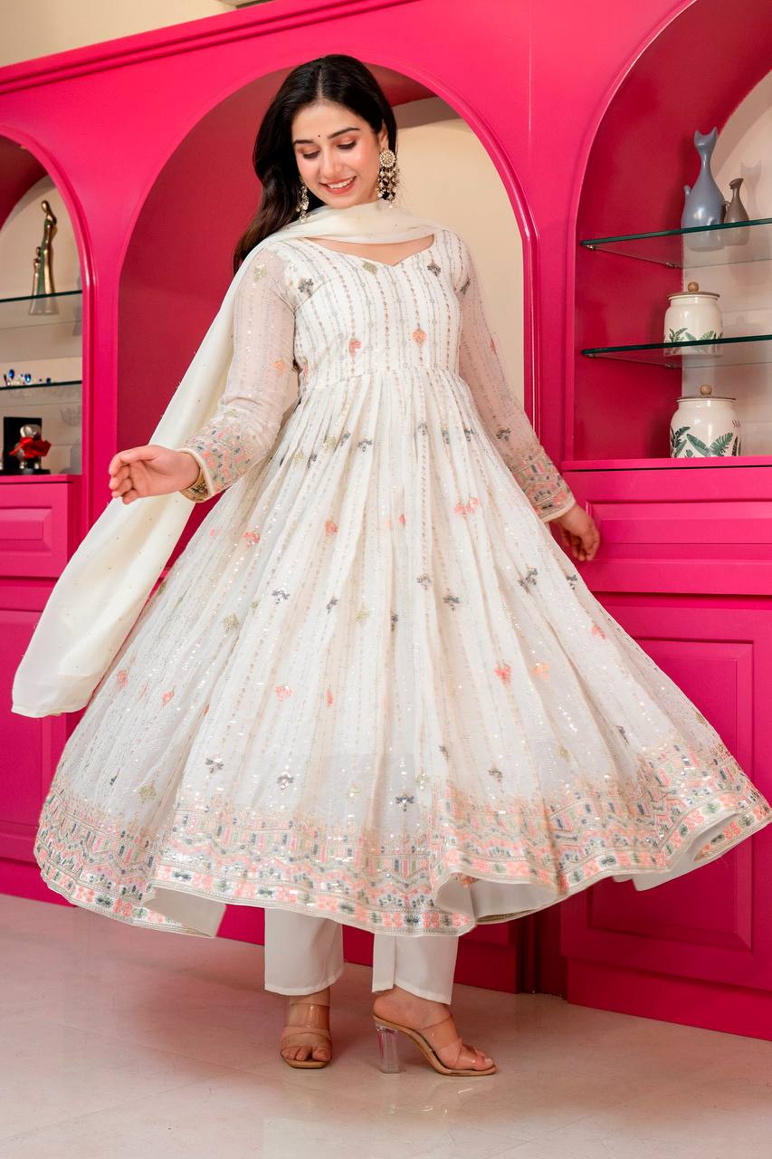 White Anarkali Suit – Heavy Zari & Sequins Work
