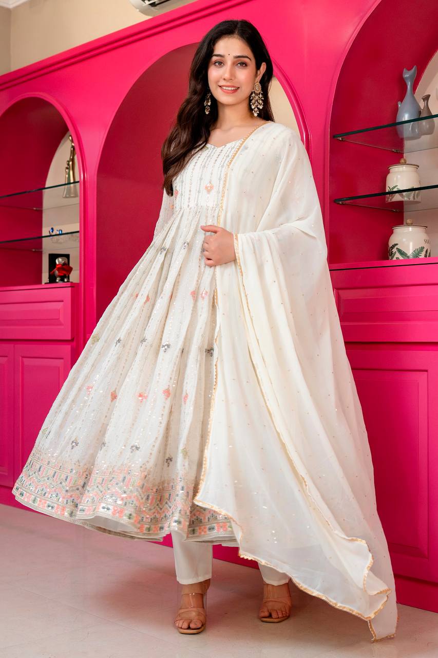 White Anarkali Suit – Heavy Zari & Sequins Work