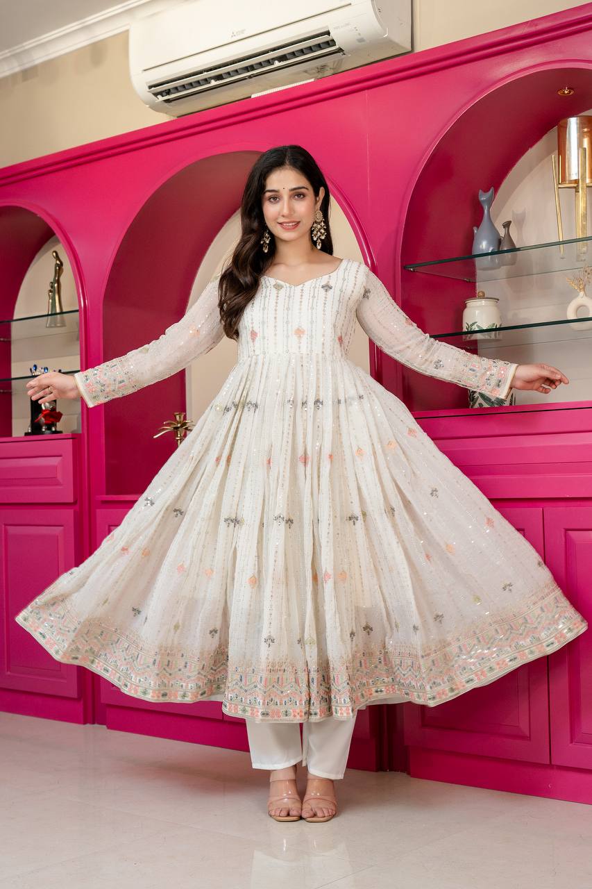 White Anarkali Suit – Heavy Zari & Sequins Work