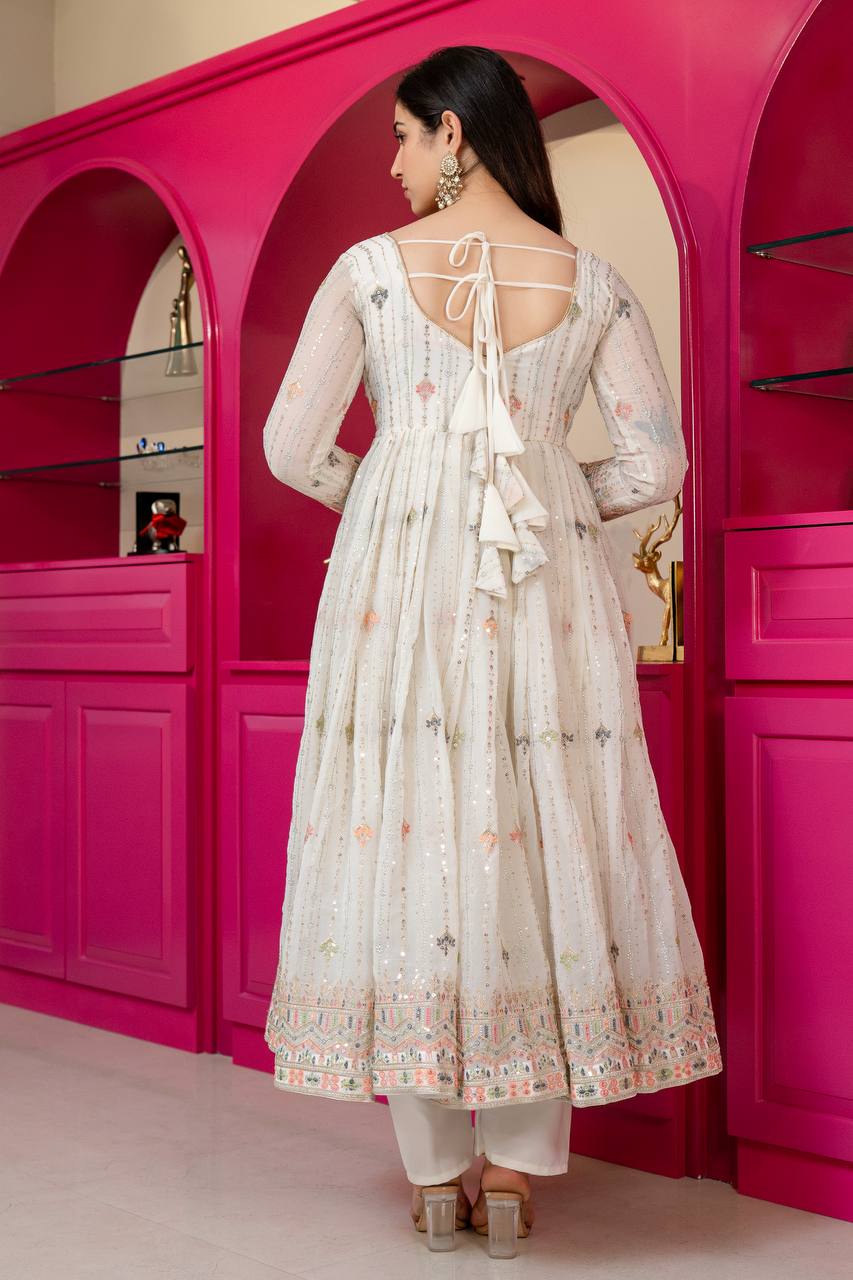 White Anarkali Suit – Heavy Zari & Sequins Work