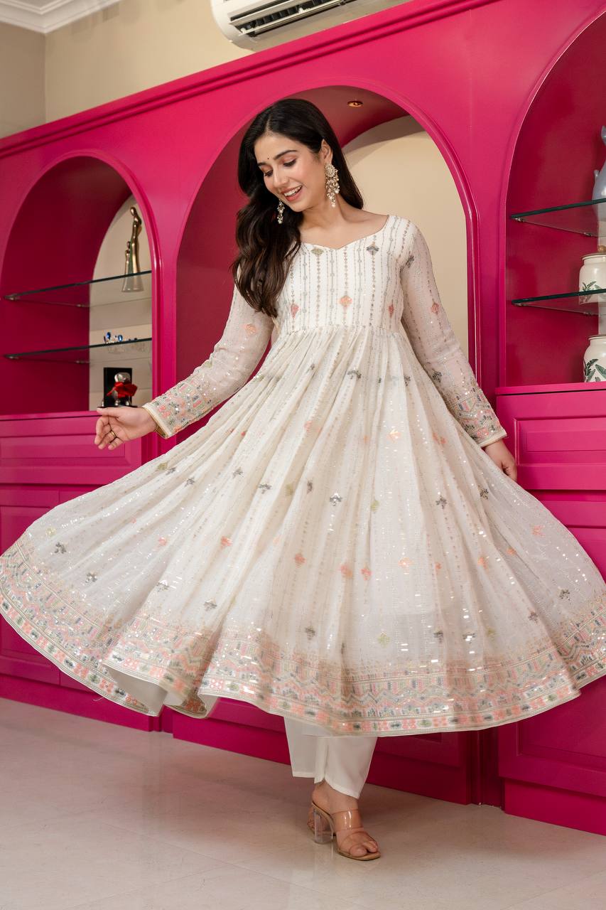 White Anarkali Suit – Heavy Zari & Sequins Work