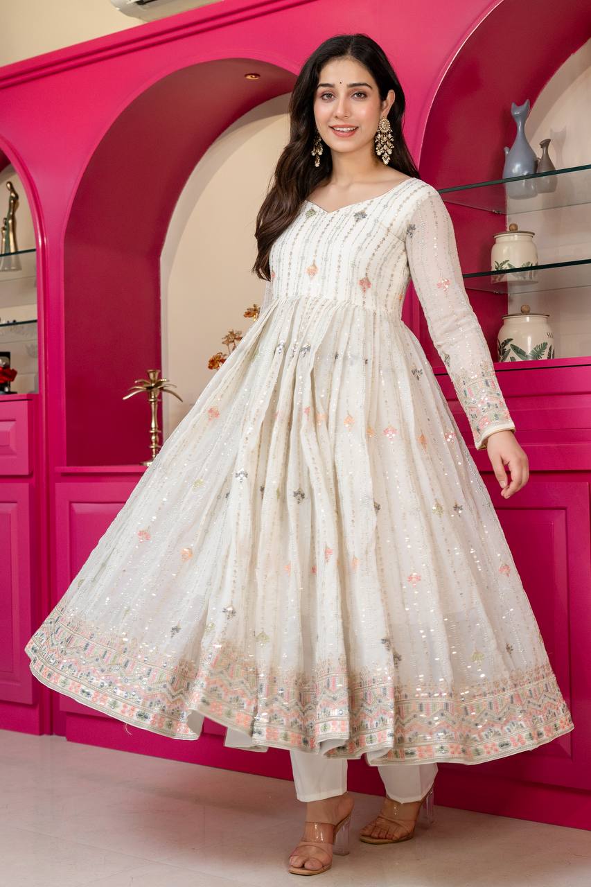 White Anarkali Suit – Heavy Zari & Sequins Work