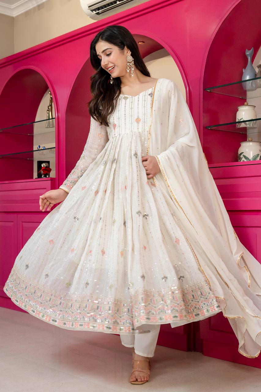 White Anarkali Suit – Heavy Zari & Sequins Work