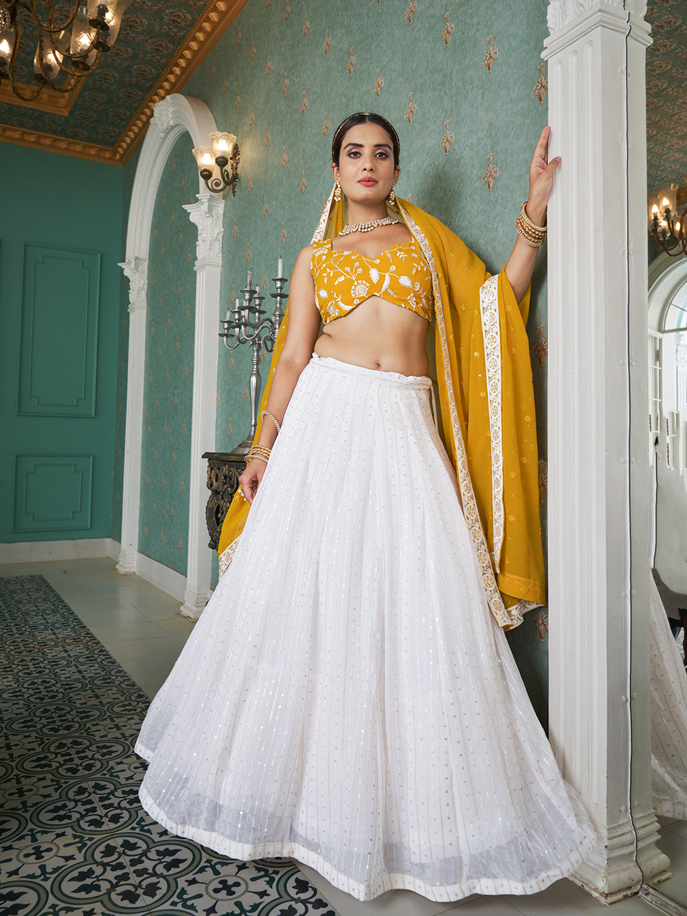 White Color Sequins Embroidery Georgette Lehenga Choli