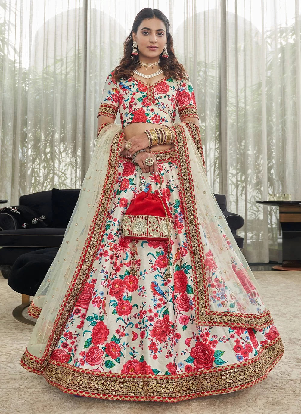 White and red art silk digital printed lehenga