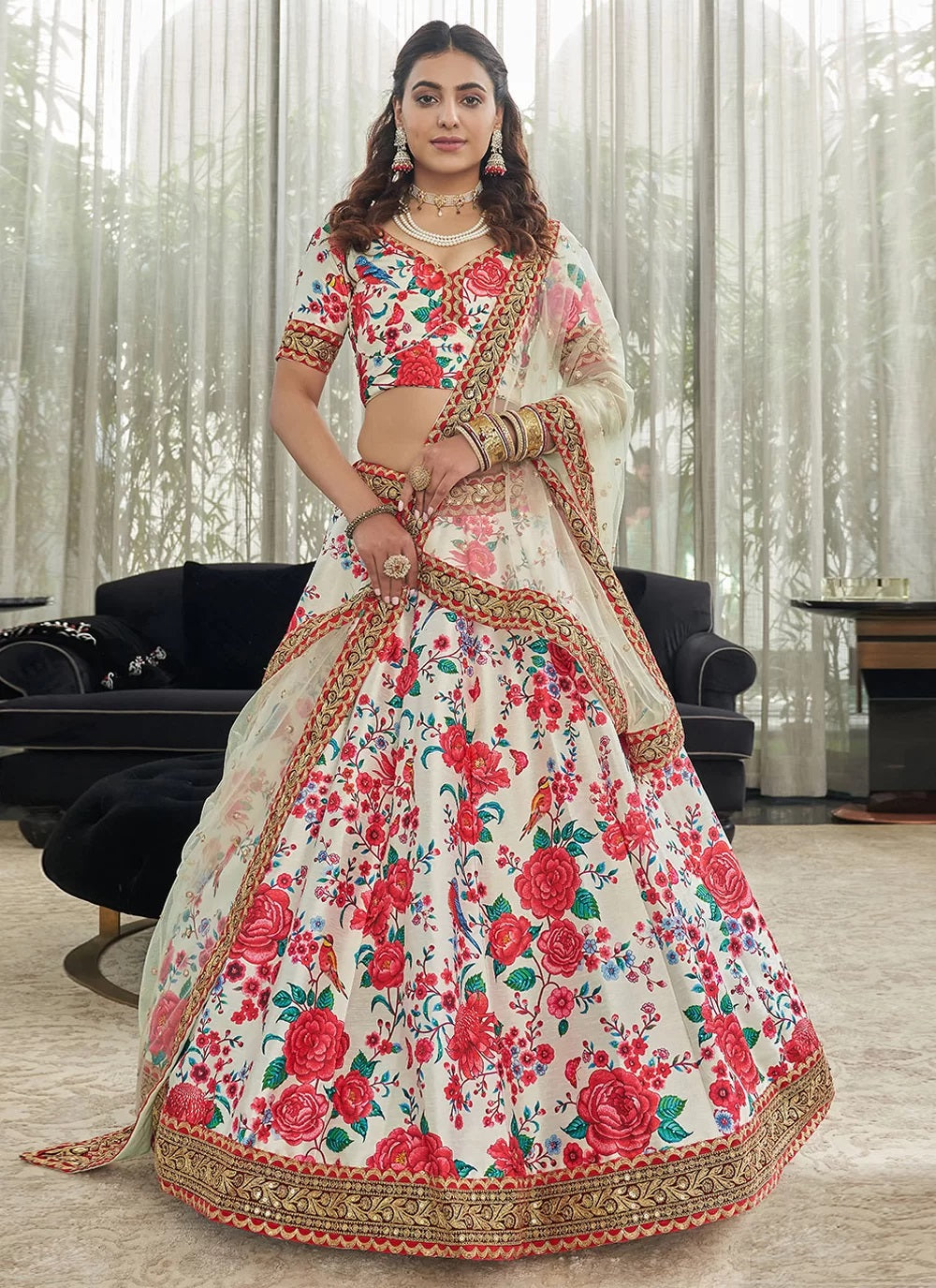 White and red art silk digital printed lehenga