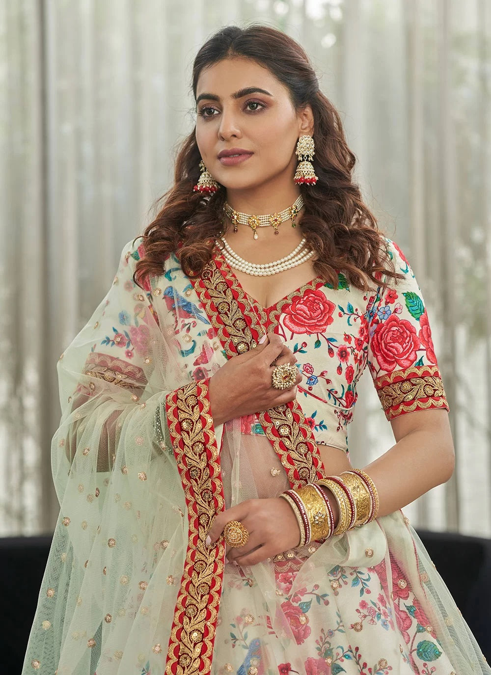 White and red art silk digital printed lehenga