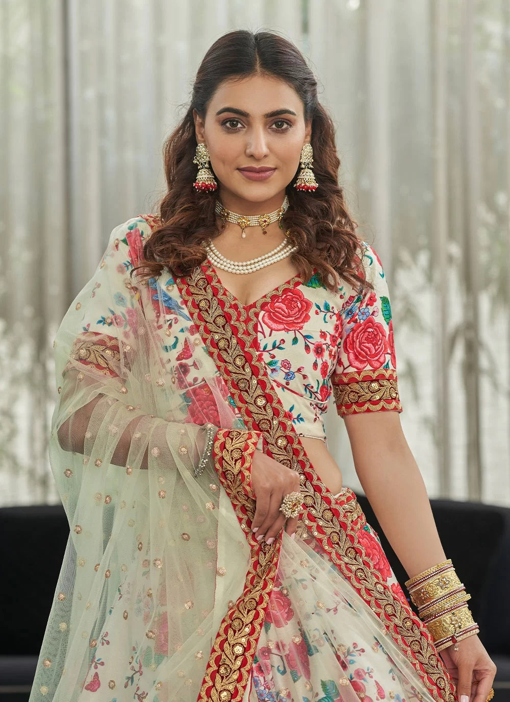White and red art silk digital printed lehenga