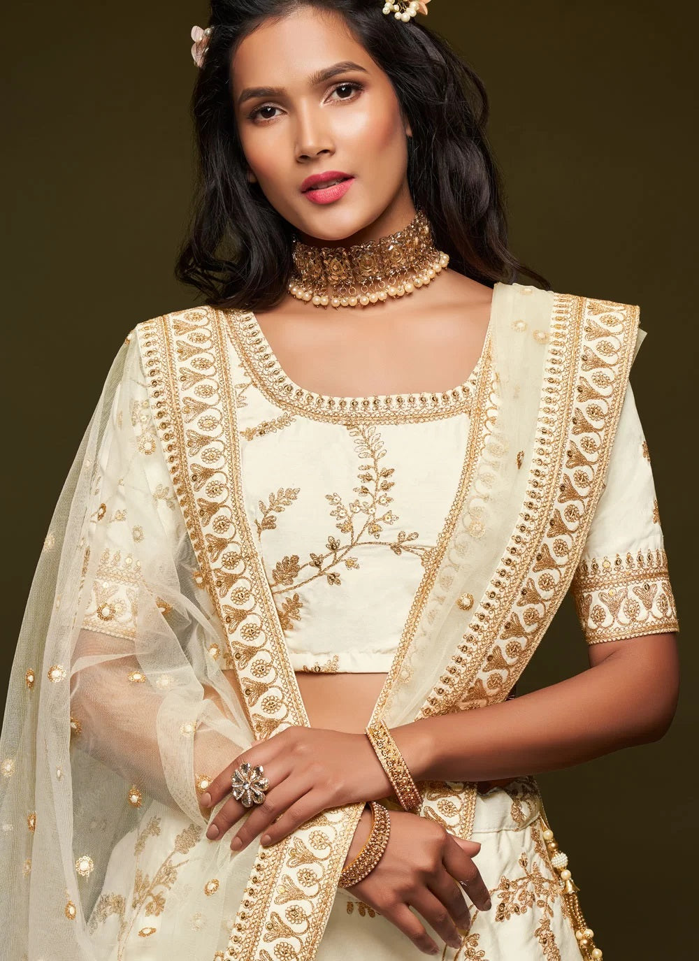 White art silk embroidered designer lehenga