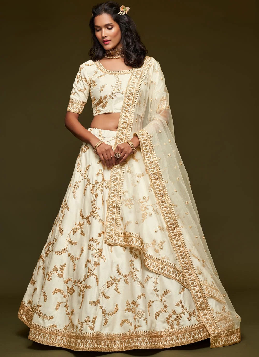 White art silk embroidered designer lehenga