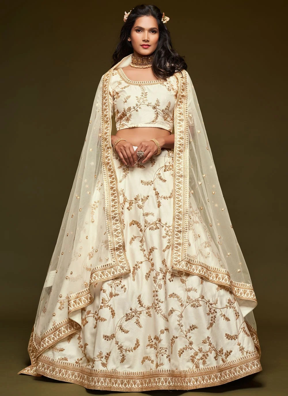 White art silk embroidered designer lehenga