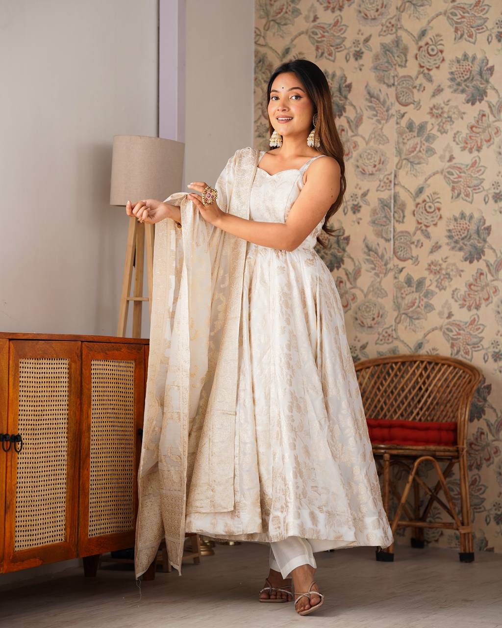 White Banarasi Silk Anarkali Set