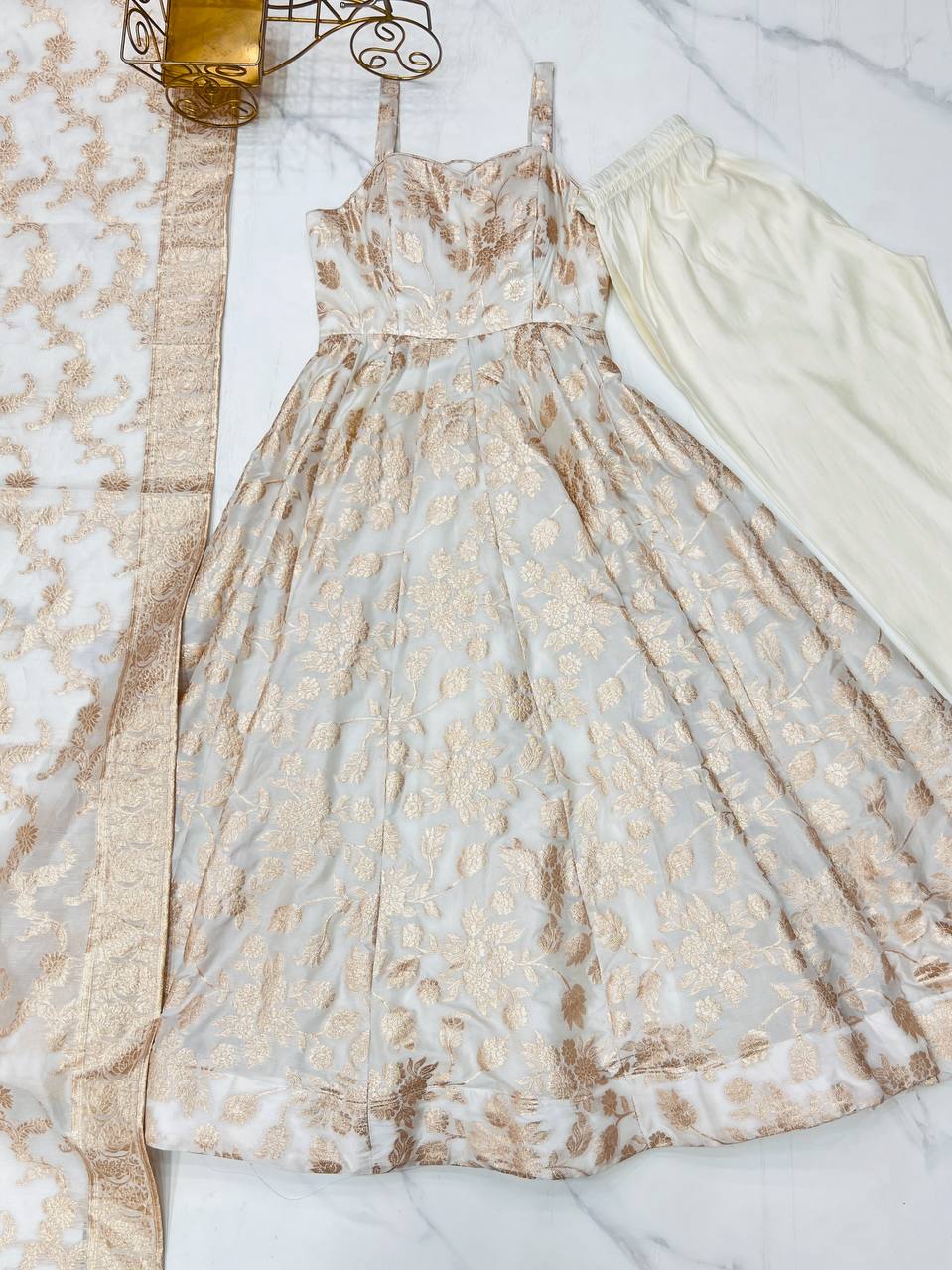 White Banarasi Silk Anarkali Set